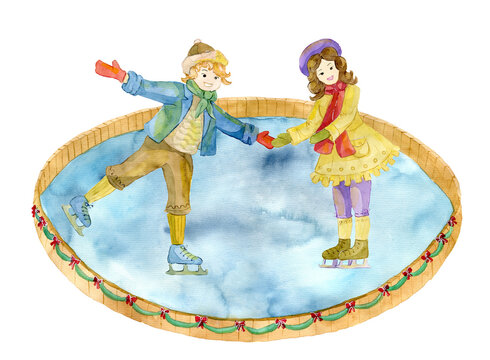 Watercolor illustration with boy and girl wearing vintage dress skating on rink isolated on white.