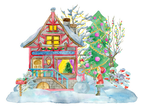 Watercolor illustration with little girl holding lantern, beautiful cottage house, decorated conifer isolated on white.