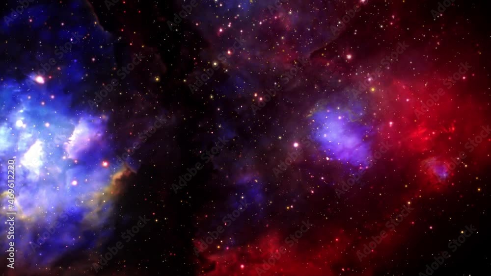 Poster loop space flight deep space exploration travel to colorful red blue cloud nebula. 4k 3d loop space 