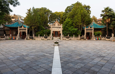 Courtyard in front of Prayer Hall at Historic Great Mosque in Chinese style at Muslim Quarter, Xi'an, Shaanxi, China, first build in 8th Century. Heirtage and tourist attraction.