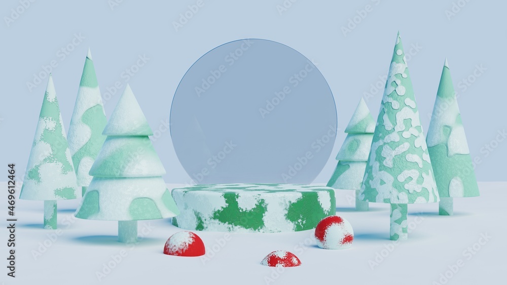 Poster 3d ice podium display and christmas tree.winter landscape background for product presentation.minima