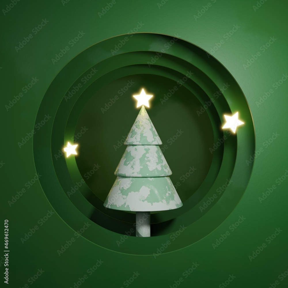 Poster 3d christmas tree and stars with round paper cut concept.winter landscape background for merry chris