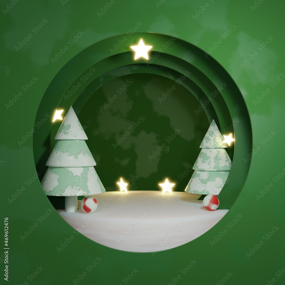 Poster 3d ice podium display and christmas tree.winter landscape background for product presentation.minima