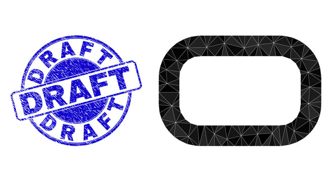 Low-Poly triangulated empty rounded rectangle 2d illustration with DRAFT rubber watermark. Blue seal includes Draft tag inside round form. Empty rounded rectangle icon is filled with triangle mosaic.
