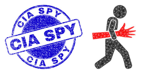 Low-Poly triangulated maneken hand robber symbol illustration, and CIA Spy dirty seal print. Blue seal contains CIA Spy title inside round it. Maneken hand robber icon is filled with triangle mosaic. - obrazy, fototapety, plakaty