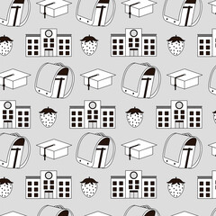 学校とランドセル-シンプルなアイコンイラスト背景パターン-白黒