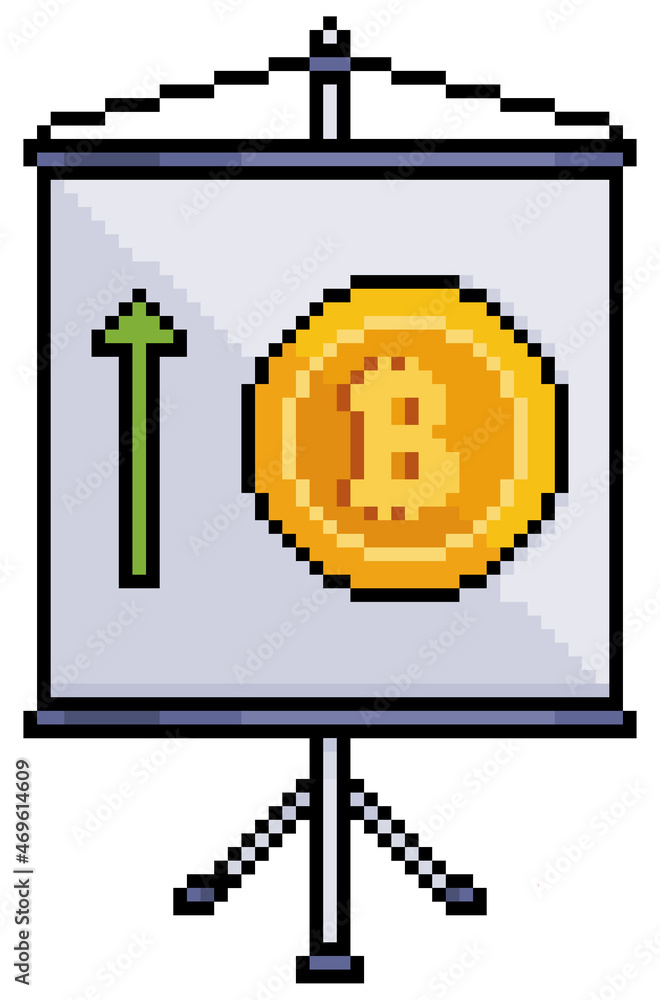 Poster pixel art board with bitcoin graphic. cryptocurrency price analysis. finance presentation banner. 8b