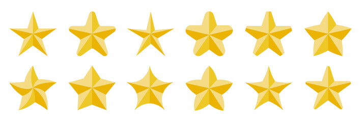 Stars rating golden yellow icon flat set. Product rating classic icon. Quality symbol premium customers. Best quality striking insignia website, game, score. Order victory award luxury isolated white