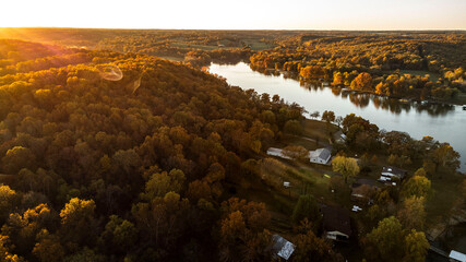 Autumn sunrise landscape over lake in Oklahoma. Photo taken with drone. - obrazy, fototapety, plakaty