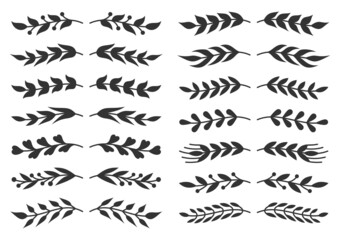 Floral dividers natural vintage black silhouette set. Decorative design page book postcard menu certificate. Elegant underline border greeting heraldic winding classic ornament isolated on white