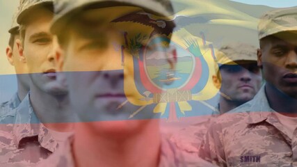 Animation of flag of ecuador over diverse male soldiers in uniform - Powered by Adobe