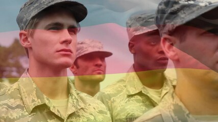 Animation of flag of ecuador over diverse male soldiers in uniform - Powered by Adobe