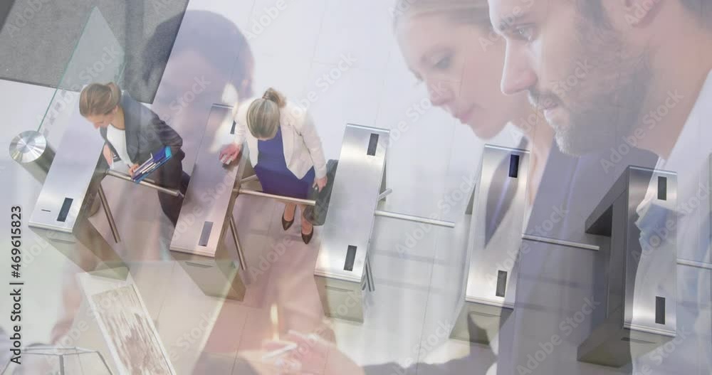 Poster animation of diverse colleagues using laptops in office over commuters walking through turnstiles