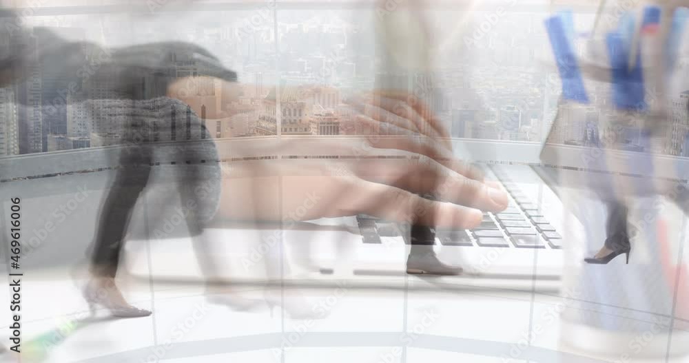Poster animation of hands working on laptop over sped up commuters walking in modern building