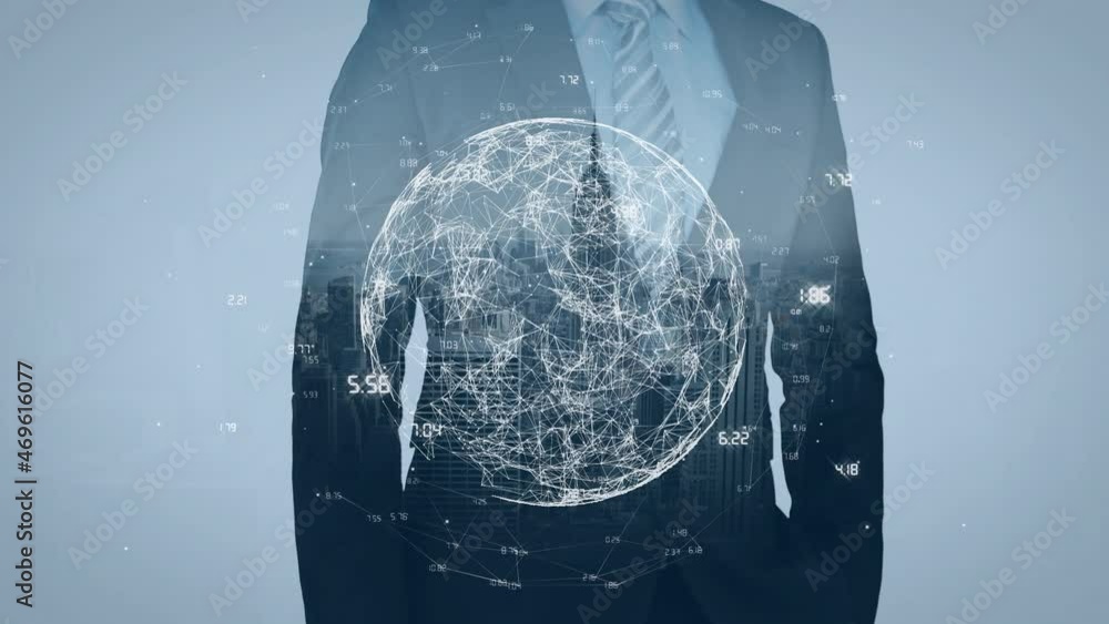 Poster animation of global network of communication processing data, over businessman