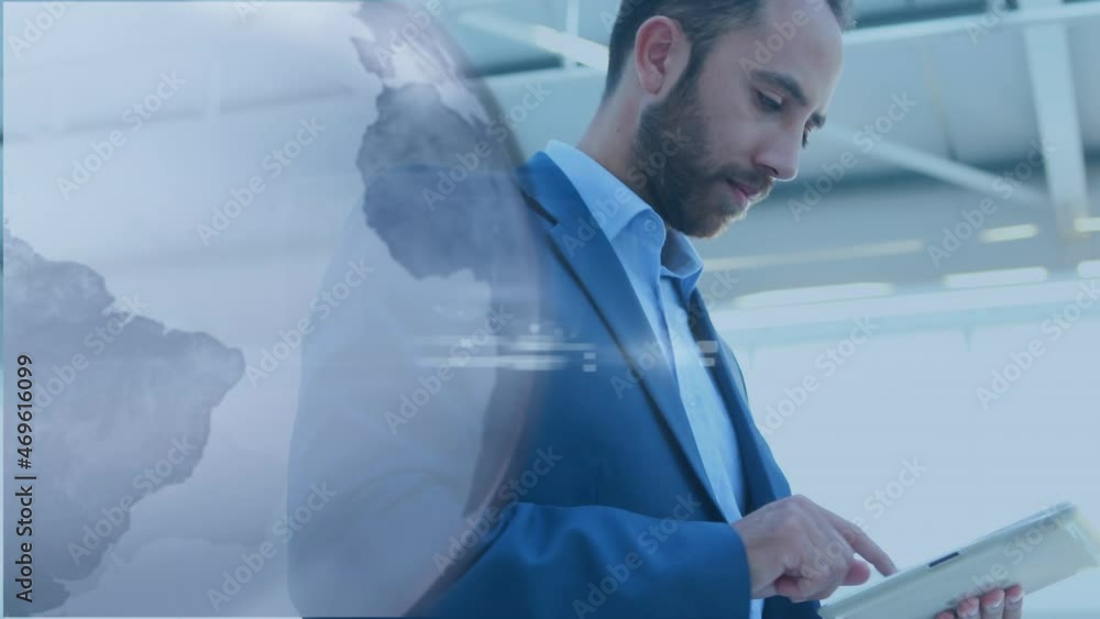 Poster animation of blue globe and data processing, over businessman using tablet