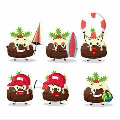 Happy Face pudding cake christmas cartoon character playing on a beach