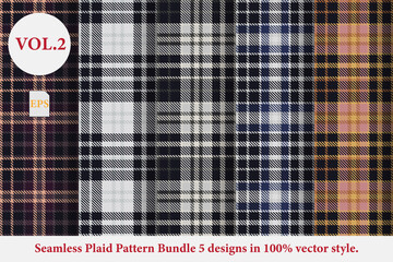 Seamless Plaid Pattern Bundle 5 designs Vol.2 Buffalo Plaid Pattern Vector,Tartan Fabric background wallpaper,Monochrome tartan patterns collection Vector,Seamless tartan plaid pattern