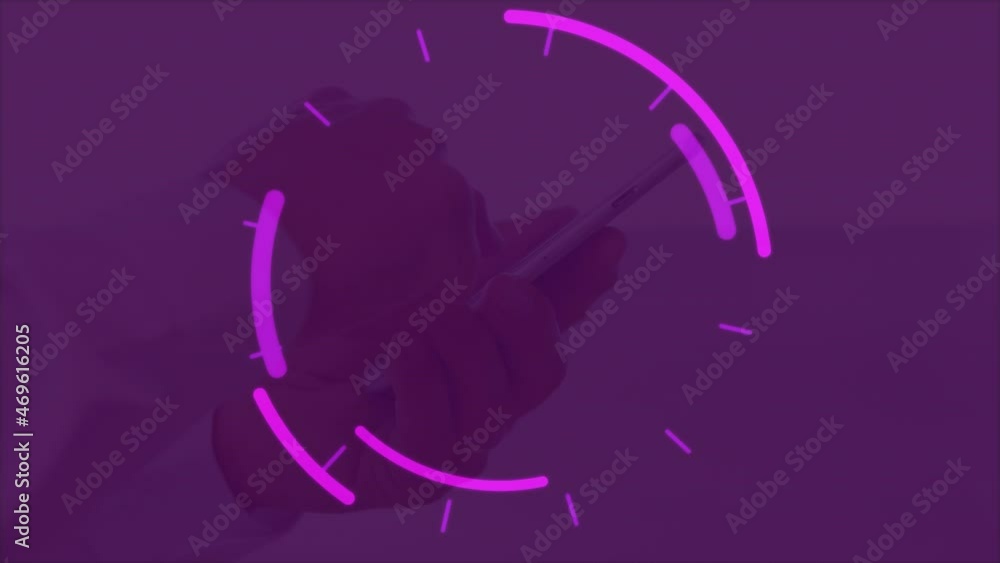Poster animation of circular pink scanner processing over hands of businessman using smartphone