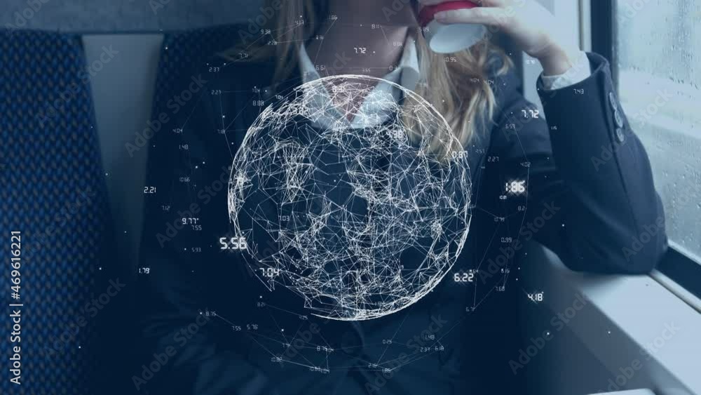 Poster animation of global network processing data over businesswoman on train using smartphone