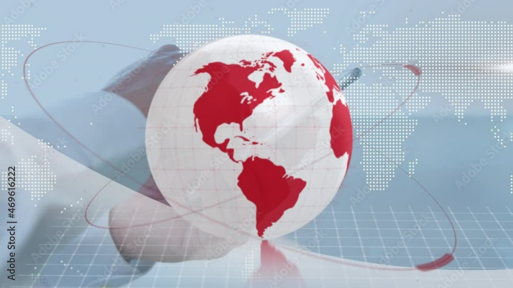 Aufkleber animation of red and white globe and world map over hands of businessman using tablet