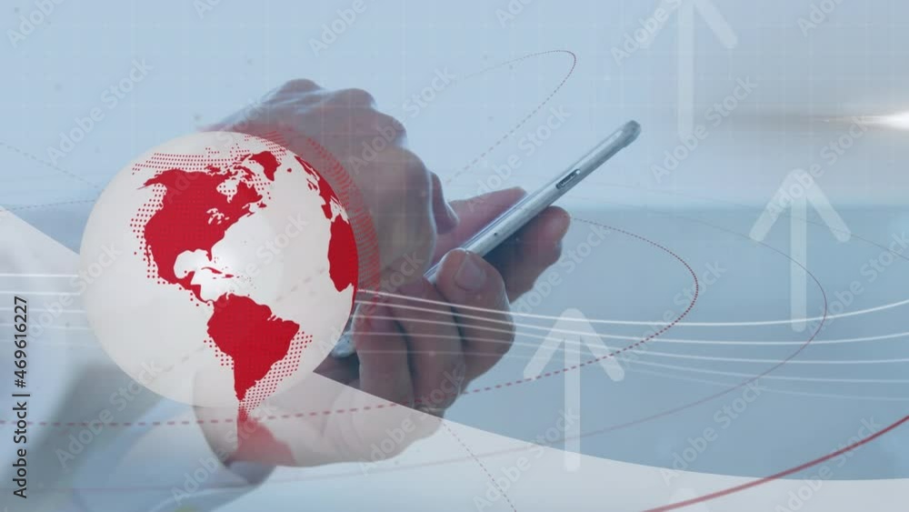 Poster animation of red and white globe and arrows up over hands of businessman using smartphone