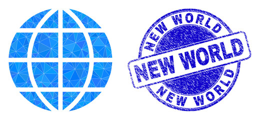 Lowpoly polygonal globe symbol illustration, and NEW WORLD grunge seal imitation. Blue stamp seal includes New World text inside round it. Globe icon is filled using triangle mosaic.