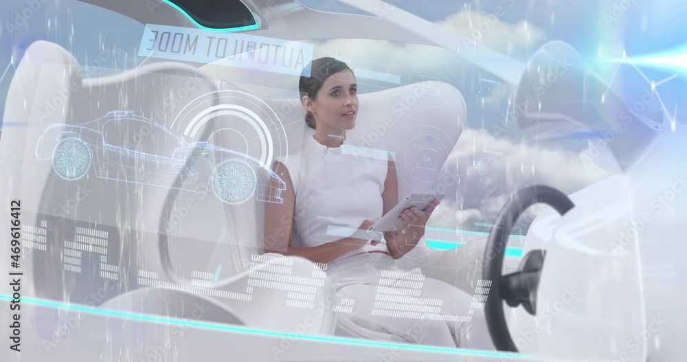 Aufkleber animation of data processing over woman using tablet in self drive car
