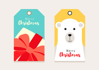 Set of Christmas gift tag decorative with gift box and polar bear flat design style