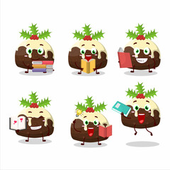 A picture of pudding cake christmas cartoon character concept reading an amusing book