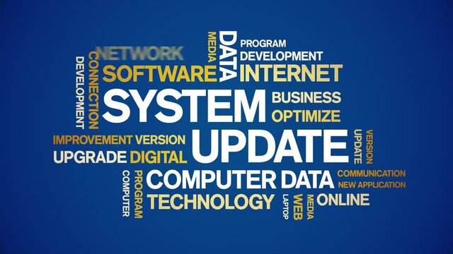 System Update animated tag word cloud;text design animation kinetic typography seamless loop.