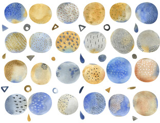 Watercolor set of illustrations of abstract circles and triangles and drops in blue and beige colors