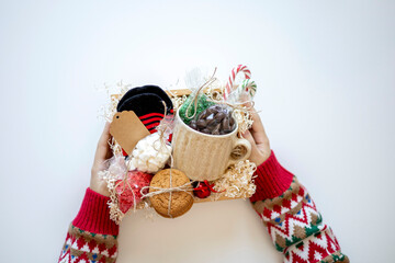 Preparing self care package. Seasonal gift box with plastic free zero waste products. Flat lay. Copy space