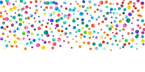 Watercolor confetti on white background. Alluring rainbow colored dots. Happy celebration wide colorful bright card. Positive hand painted confetti.