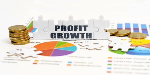 Obraz premium There are coins and puzzles on financial charts with the inscription - PROFIT GROWTH