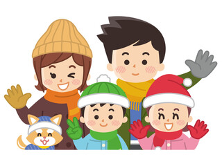 仲良し親子とペットの犬　冬