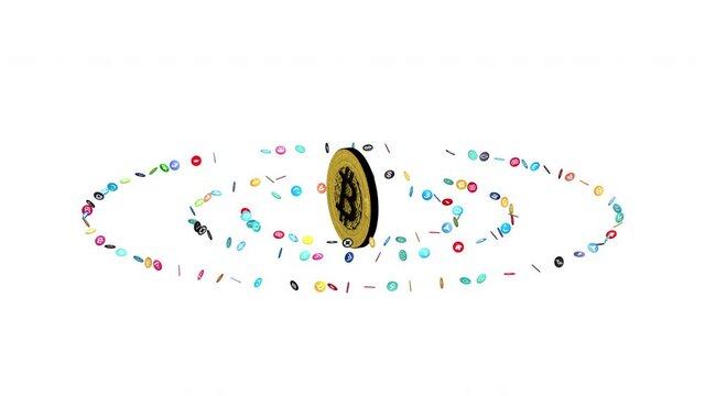 Bitcoin and Altcoins Price Dependency Concept. Other Crypto Coins revolve around Bitcoin on white background with an alpha channel. Bitcoin domination symbol 3D 4K Animation