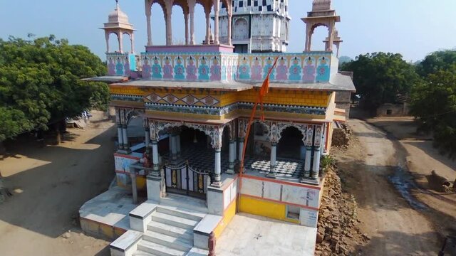 Aerial pedestal up of Hindu temple of rural Indian village of Khera Kiran in Rajasthan, India