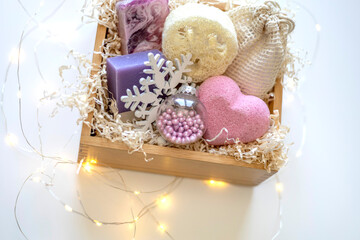 Preparing self care package. Seasonal gift box with plastic free zero waste products. Flat lay. Copy space