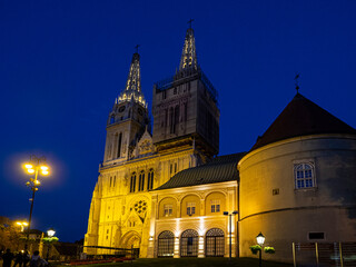 Fototapeta na wymiar Dramatiac Night Photo of Zagreb Cathedral in Croatia. 