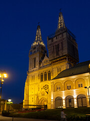 Fototapeta na wymiar Dramatiac Night Photo of Zagreb Cathedral in Croatia. 