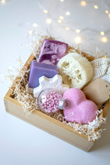 Preparing self care package. Seasonal gift box with plastic free zero waste products. Copy space