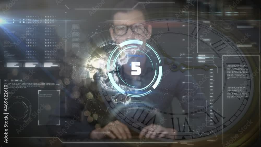 Poster animation of scope scanning and world map over data processing and caucman using computer