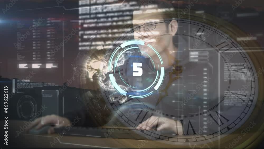 Poster animation of scope scanning and data processing over caucasian man using computer and moving clock