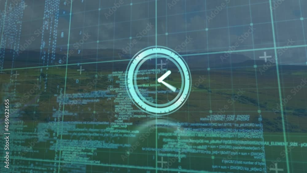 Poster animation of moving clock and data processing over landscape