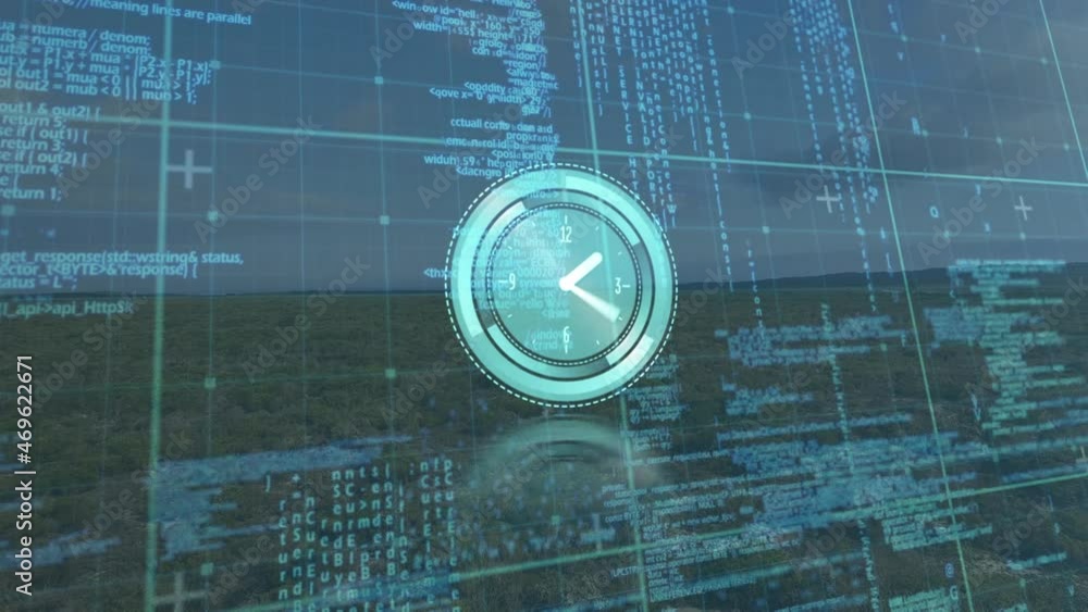 Poster animation of moving clock and data processing over landscape