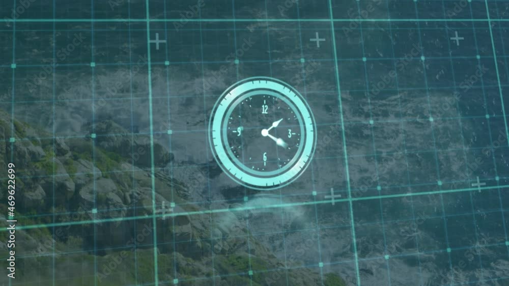 Poster animation of moving clock and network of connections over landscape