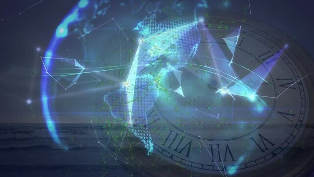 Animation of network of connections and globe moving clock and sea