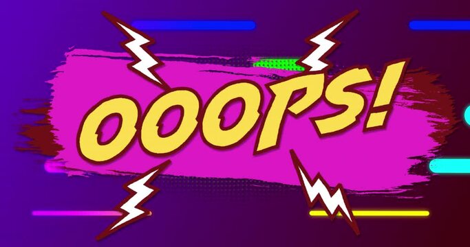 Animation of ooops text over colorful lines on purple background