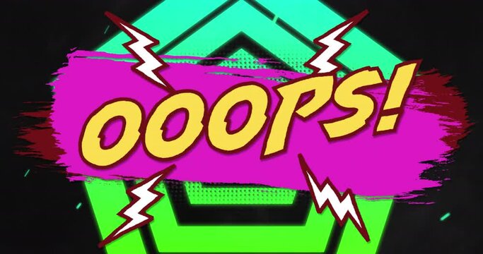 Animation of ooops text over green shapes on black background